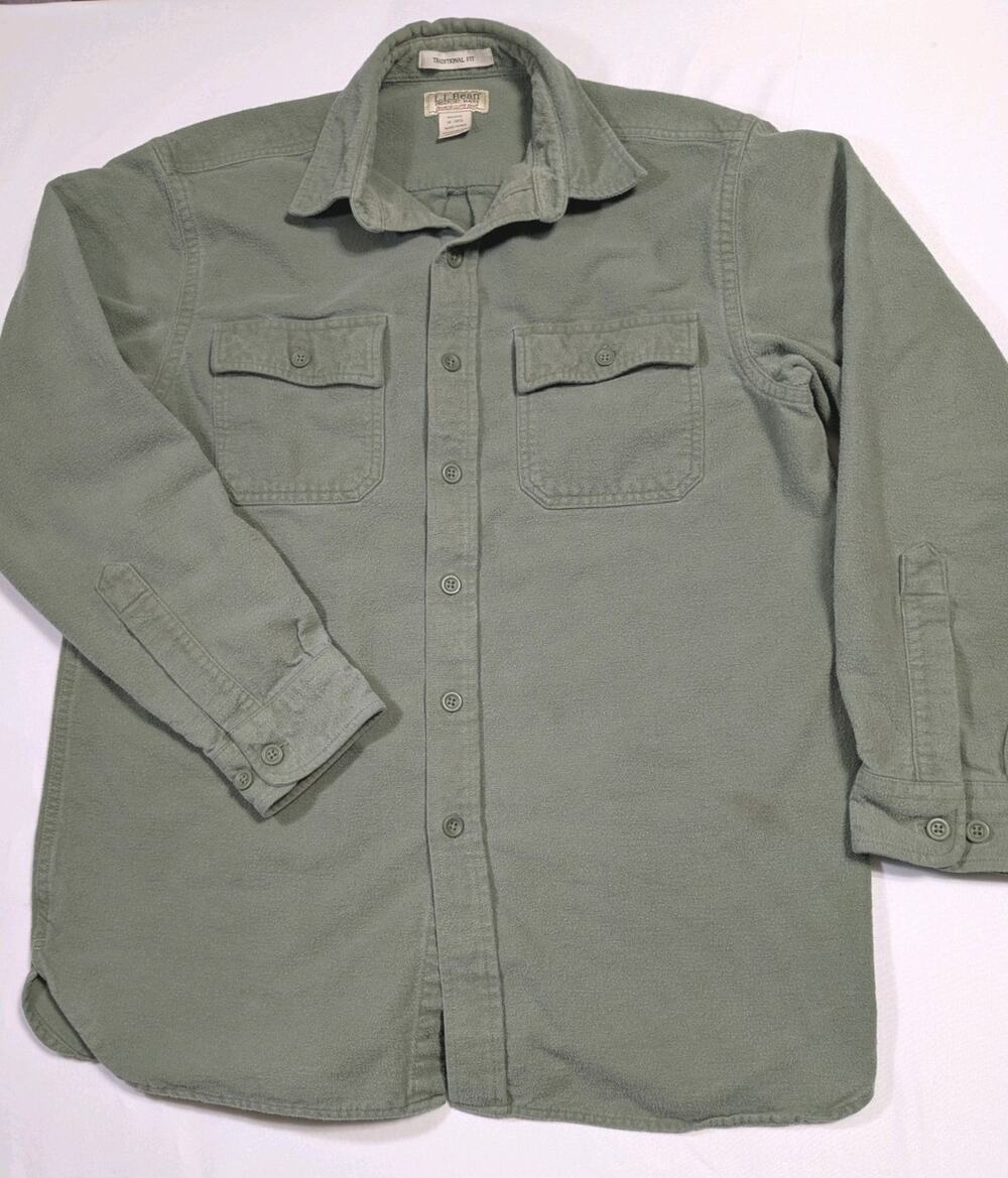 Ll Bean Traditional Fit Chamois Mens Medium Light Green Long Sleeve (Stain)